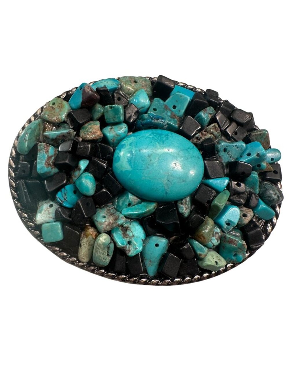 Ivan Metal Navajo Western Statement Belt Buckle Vintage Turquoise Black Stone
